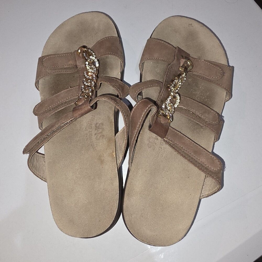 SAS NAPLES Sz 7 Rhinestone Trim Tan Hook/Loop Closure Cushion Walking Sandals - Picture 6 of 9